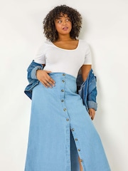 Roman Blue 100% Cotton Curve Button Through Denim Skirt - Image 1 of 5