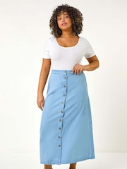 Roman Blue 100% Cotton Curve Button Through Denim Skirt - Image 2 of 5
