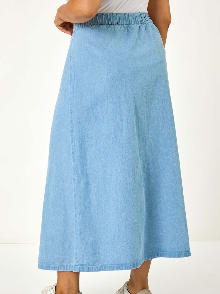 Roman Blue 100% Cotton Curve Button Through Denim Skirt - Image 3 of 5