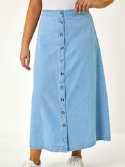 Roman Blue 100% Cotton Curve Button Through Denim Skirt - Image 4 of 5