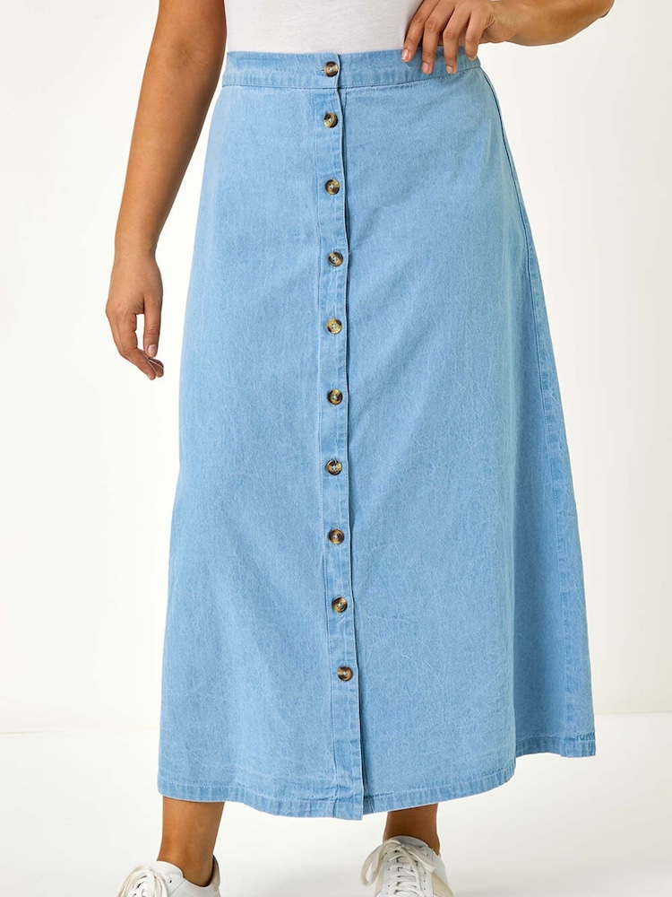 Roman Blue 100% Cotton Curve Button Through Denim Skirt - Image 4 of 5