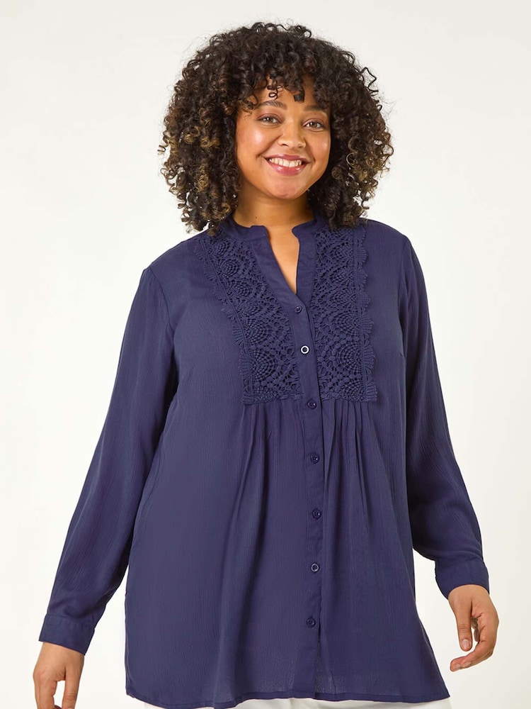 Roman Blue Curve Lace Trim Pintuck Blouse - Image 1 of 5