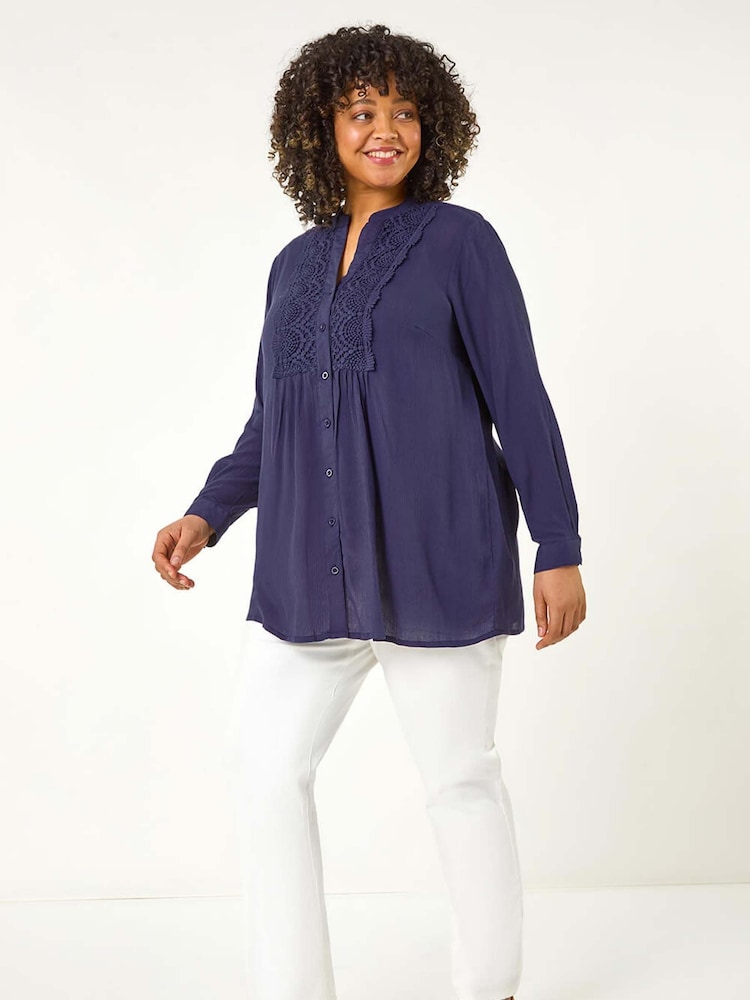 Roman Blue Curve Lace Trim Pintuck Blouse - Image 2 of 5