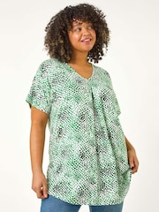 Roman Green Curve Spotted Leaf Print Stretch Top - Image 1 of 5