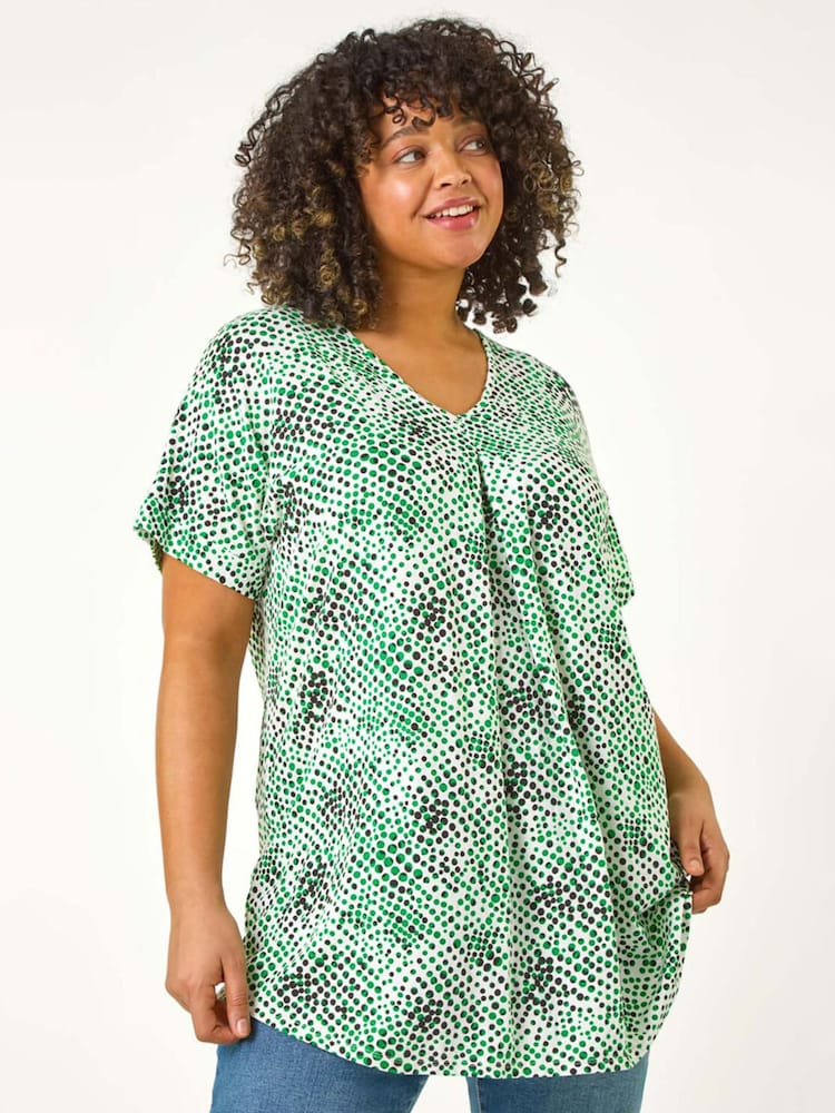 Roman Green Curve Spotted Leaf Print Stretch Top - Image 1 of 5