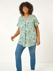 Roman Green Curve Spotted Leaf Print Stretch Top - Image 2 of 5