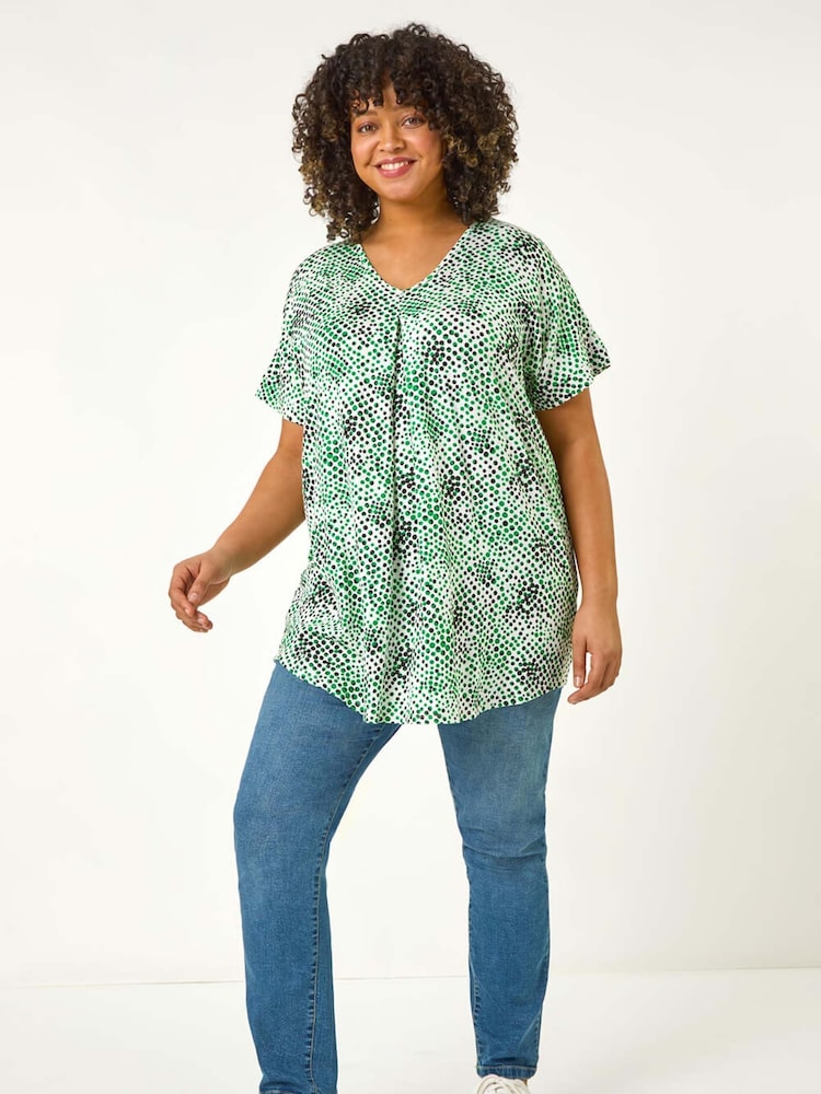 Roman Green Curve Spotted Leaf Print Stretch Top - Image 2 of 5