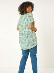 Roman Green Curve Spotted Leaf Print Stretch Top - Image 3 of 5