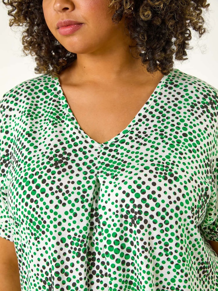 Roman Green Curve Spotted Leaf Print Stretch Top - Image 5 of 5