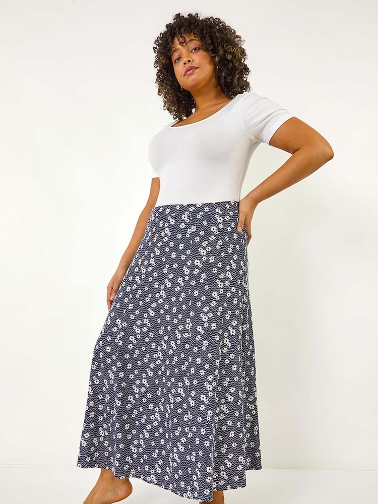 Roman Blue Curve Daisy Print Midi Skirt - Image 1 of 5