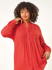 Roman Red Curve Lace Trim Pintuck Blouse - Image 1 of 5