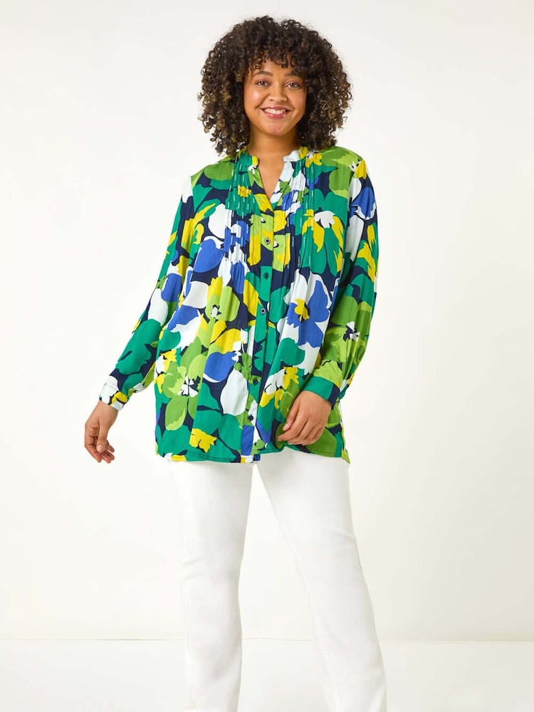 Roman Green Curve Floral Print Pintuck Blouse - Image 2 of 5