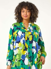 Roman Green Curve Floral Print Pintuck Blouse - Image 4 of 5