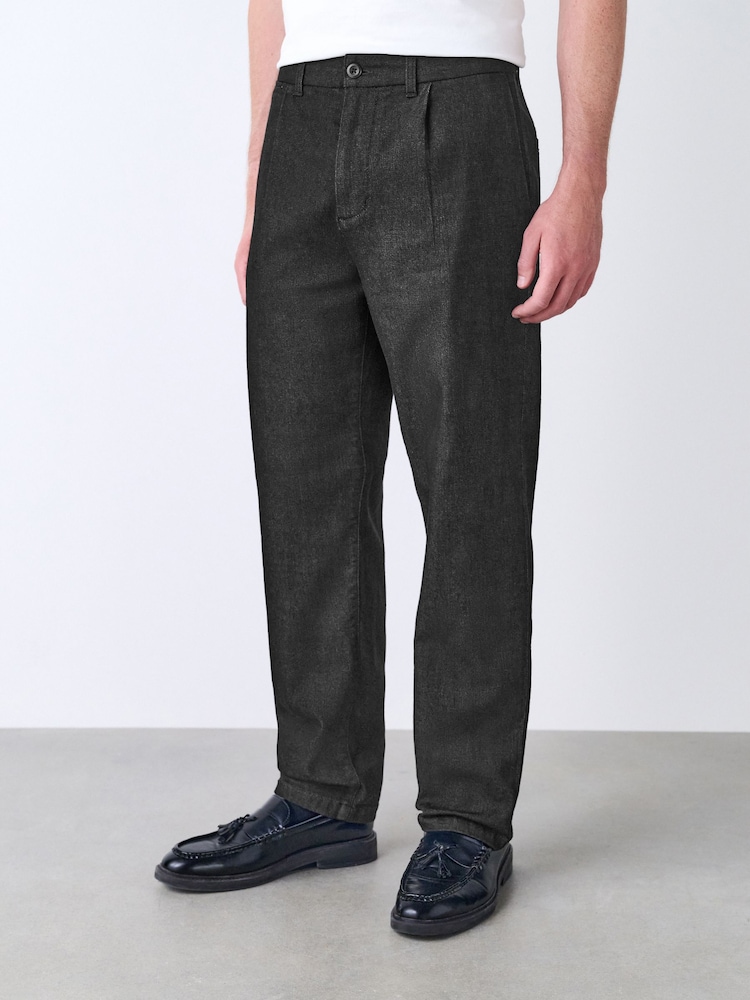 Black Regular Fit Single Pleated Denim Chino Trousers - Image 1 of 11 Black Regular Fit Single Pleated Denim Chino Trousers - Image 1 of 11