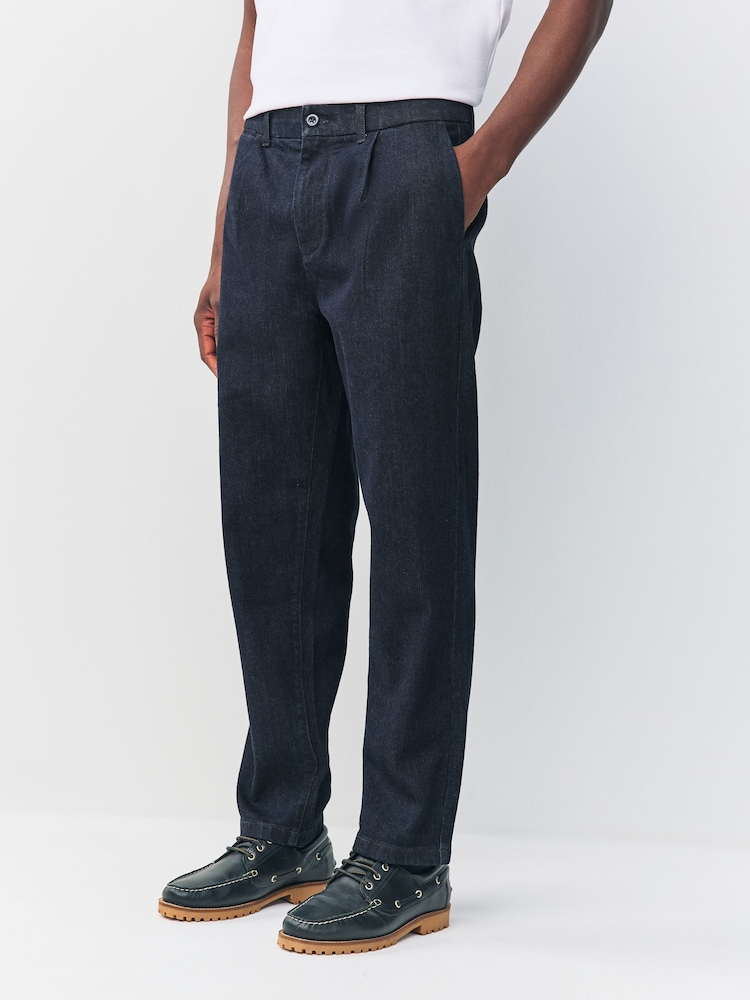 Indigo Blue Regular Fit Single Pleated Denim Chino Trousers - Image 1 of 10 Indigo Blue Regular Fit Single Pleated Denim Chino Trousers - Image 1 of 10