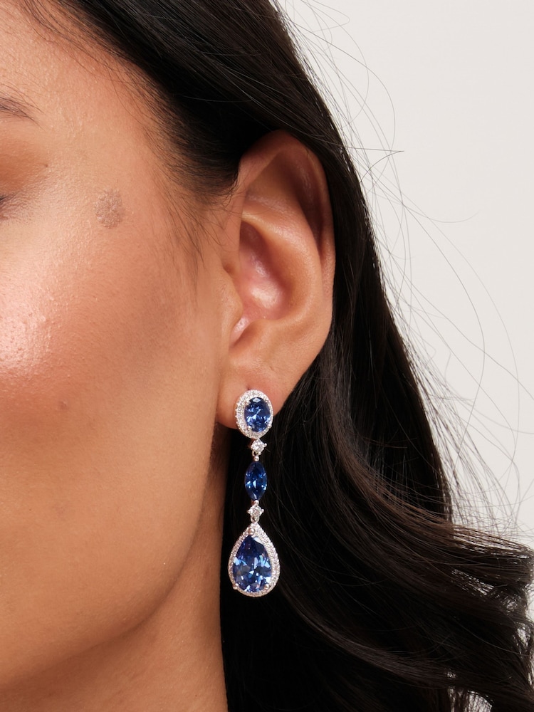 Jon Richard Silver Tone Cubic Zirconia Sapphire Statement Pear Drop Earrings - Image 2 of 3