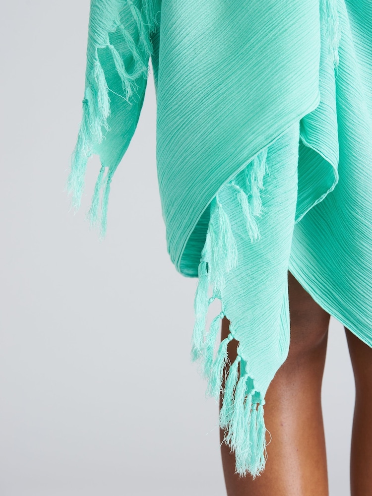 South Beach Turquoise Crinkle Viscose Fringed Sarong Cover-Up - Image 4 of 4