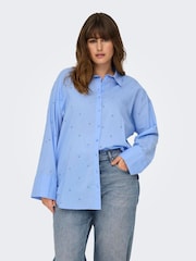 ONLY Curve Blue Embroidered 100% Cotton Long Sleeve Loose Shirt - Image 2 of 6