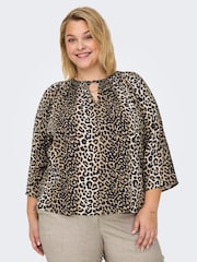 ONLY Curve Brown Leopard Print V-Neck 3/4 Sleeve T-Shirt - Image 1 of 6