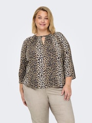ONLY Curve Brown Leopard Print V-Neck 3/4 Sleeve T-Shirt - Image 2 of 6