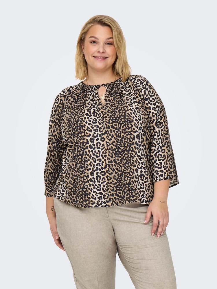 ONLY Curve Brown Leopard Print V-Neck 3/4 Sleeve T-Shirt - Image 2 of 6