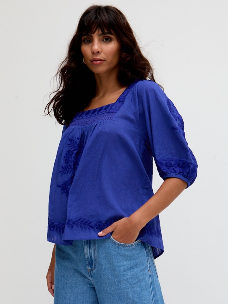 Raffya Light Blue Alice V-Neck Embroidered Blouse - Image 1 of 1