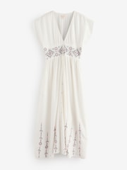 Raffya Cream Sally Ann Embrodied 100% Cotton Dress with Brown Stitching - Image 1 of 1