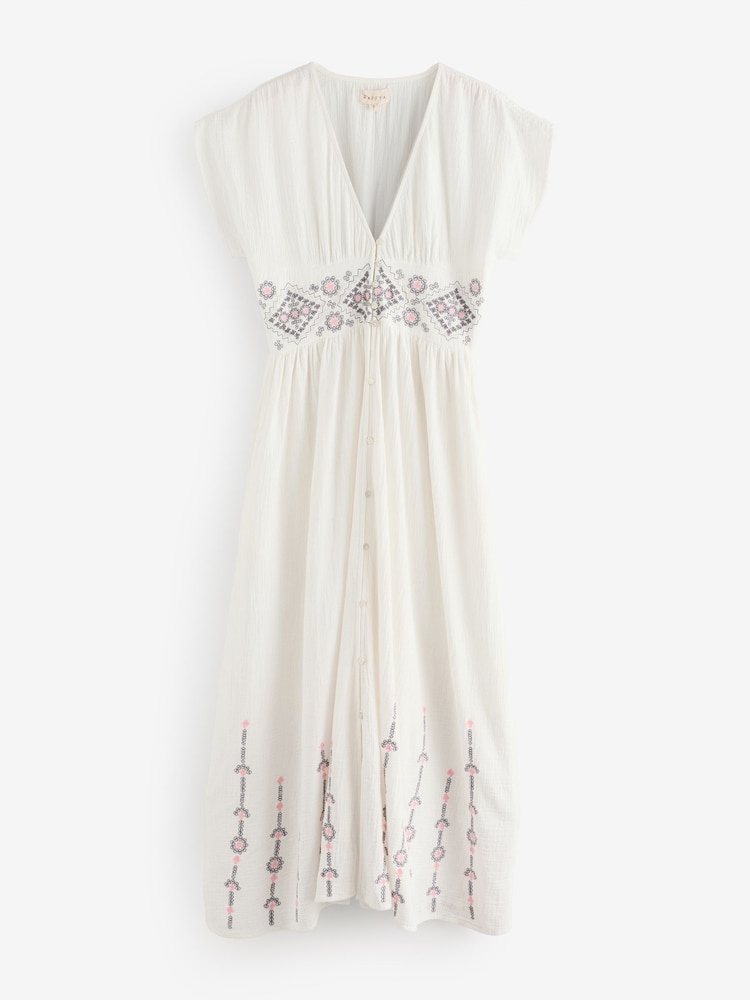 Raffya Cream Sally Ann Embrodied 100% Cotton Dress with Brown Stitching - Image 1 of 1