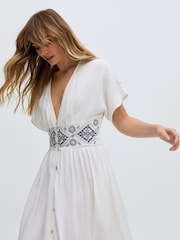 Raffya Sally Ann Embrodied 100% Cotton Dress with Brown Stitching - Image 4 of 7