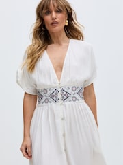 Raffya Sally Ann Embrodied 100% Cotton Dress with Brown Stitching - Image 5 of 7