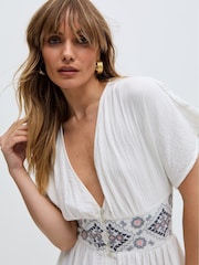 Raffya Sally Ann Embrodied 100% Cotton Dress with Brown Stitching - Image 6 of 7