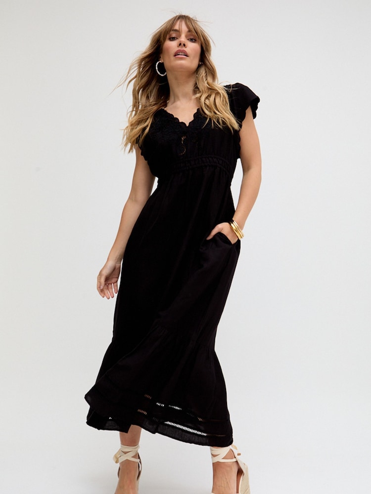 Raffya Black Jacinta Open Back Embroidered Maxi 100% Cotton Dress - Image 1 of 5