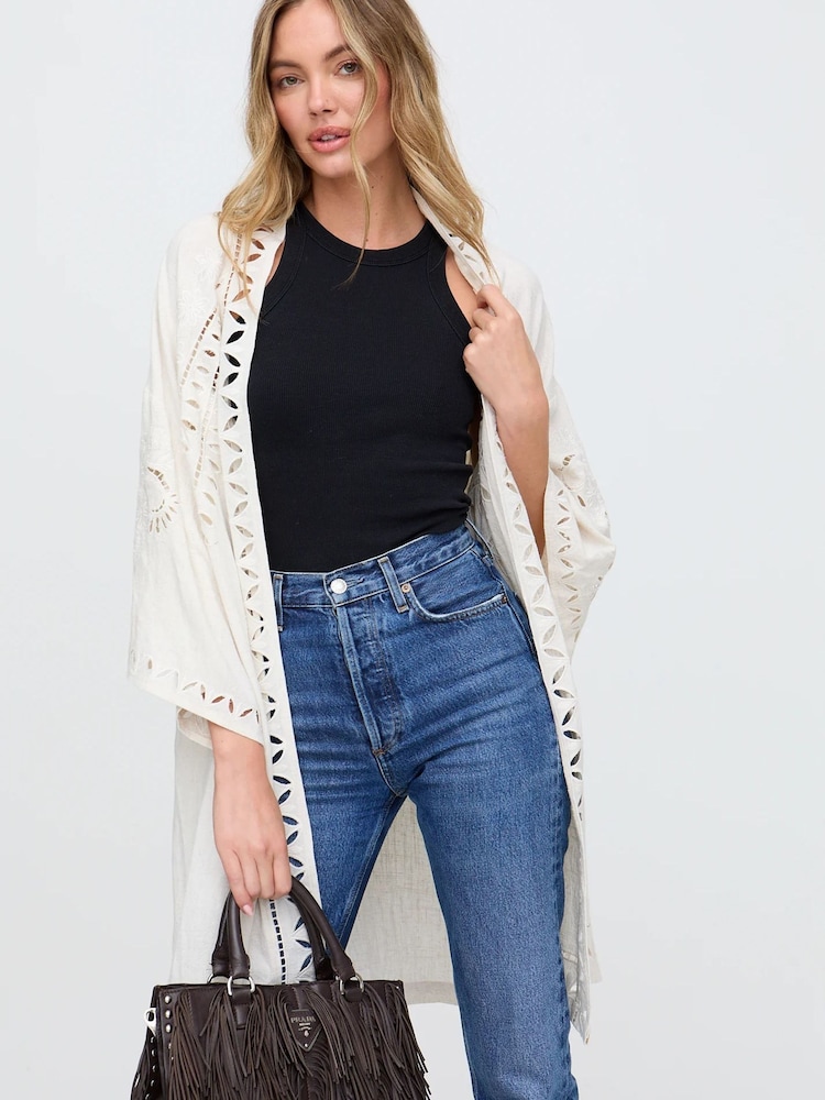 Raffya White Grey Edge To Edge Embroidered 100% Cotton Kimono - Image 2 of 5 Raffya White Grey Edge To Edge Embroidered 100% Cotton Kimono - Image 2 of 5