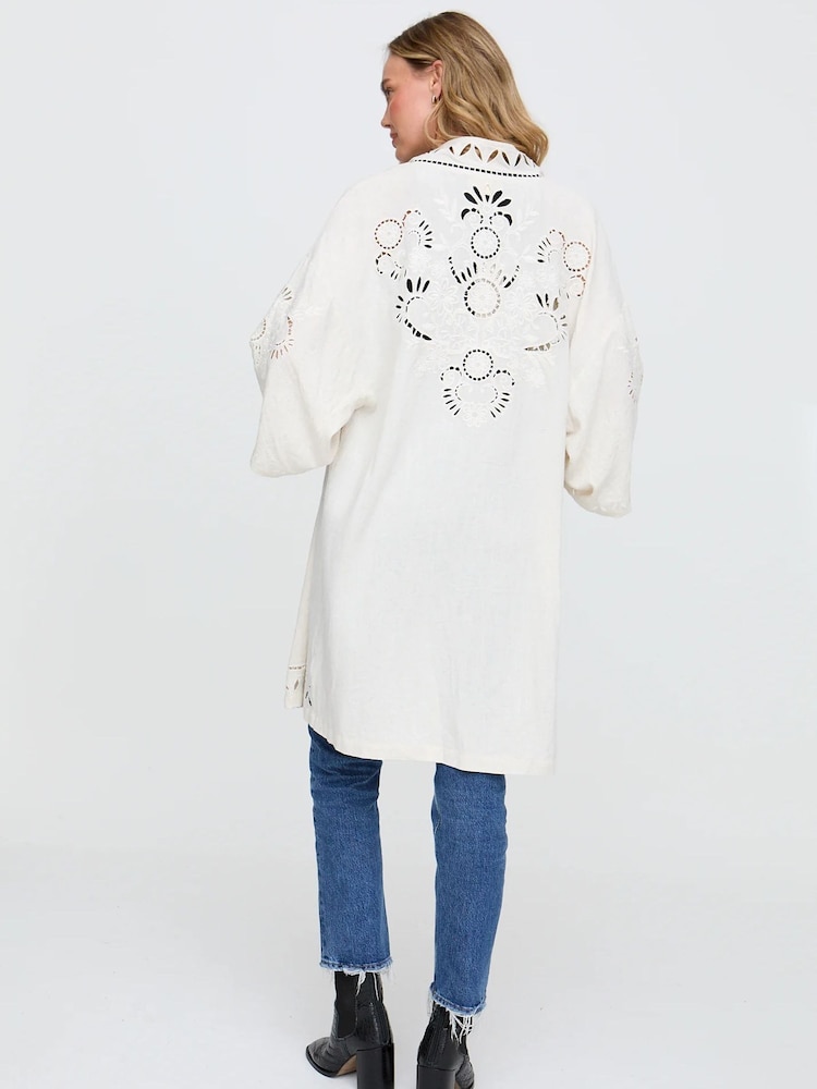 Raffya White Grey Edge To Edge Embroidered 100% Cotton Kimono - Image 5 of 5 Raffya White Grey Edge To Edge Embroidered 100% Cotton Kimono - Image 5 of 5