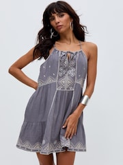 Raffya Grey Jen Embrodiered Mini 100% Cotton Dress - Image 1 of 1