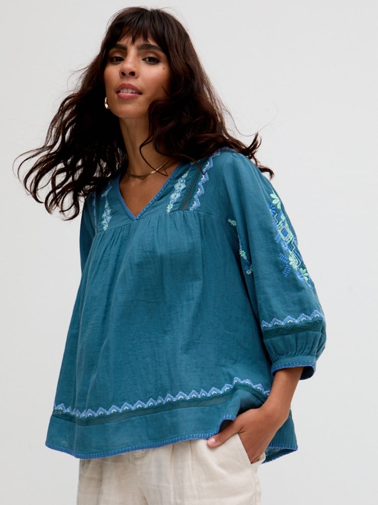 Raffya Blue Alice V-Neck Embroidered Blouse - Image 1 of 5