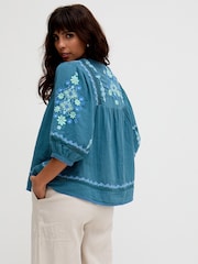 Raffya Blue Alice V-Neck Embroidered Blouse - Image 2 of 5