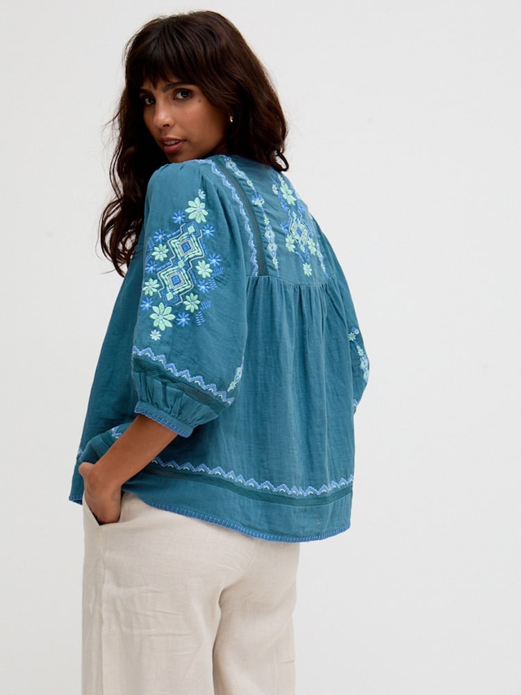 Raffya Blue Alice V-Neck Embroidered Blouse - Image 2 of 5