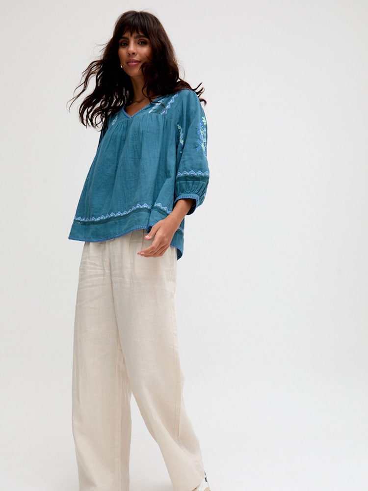 Raffya Blue Alice V-Neck Embroidered Blouse - Image 3 of 5
