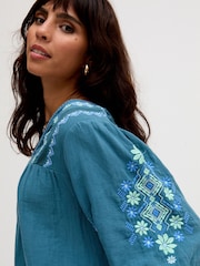 Raffya Blue Alice V-Neck Embroidered Blouse - Image 4 of 5