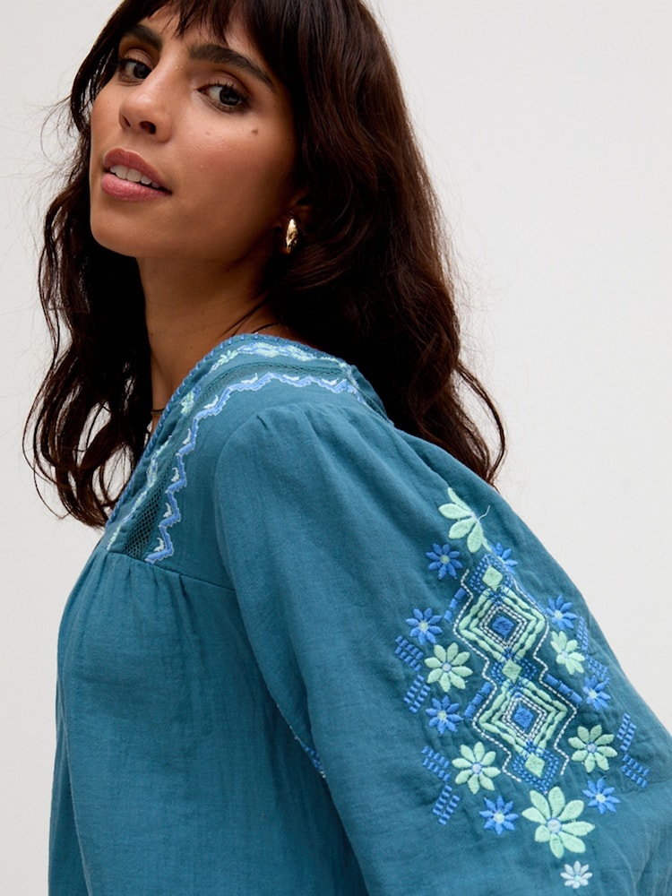 Raffya Blue Alice V-Neck Embroidered Blouse - Image 4 of 5