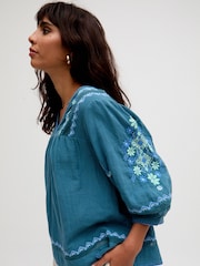Raffya Blue Alice V-Neck Embroidered Blouse - Image 5 of 5