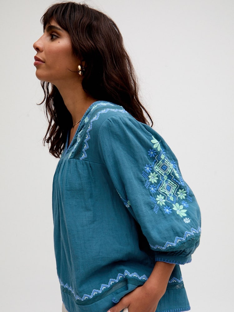 Raffya Blue Alice V-Neck Embroidered Blouse - Image 5 of 5