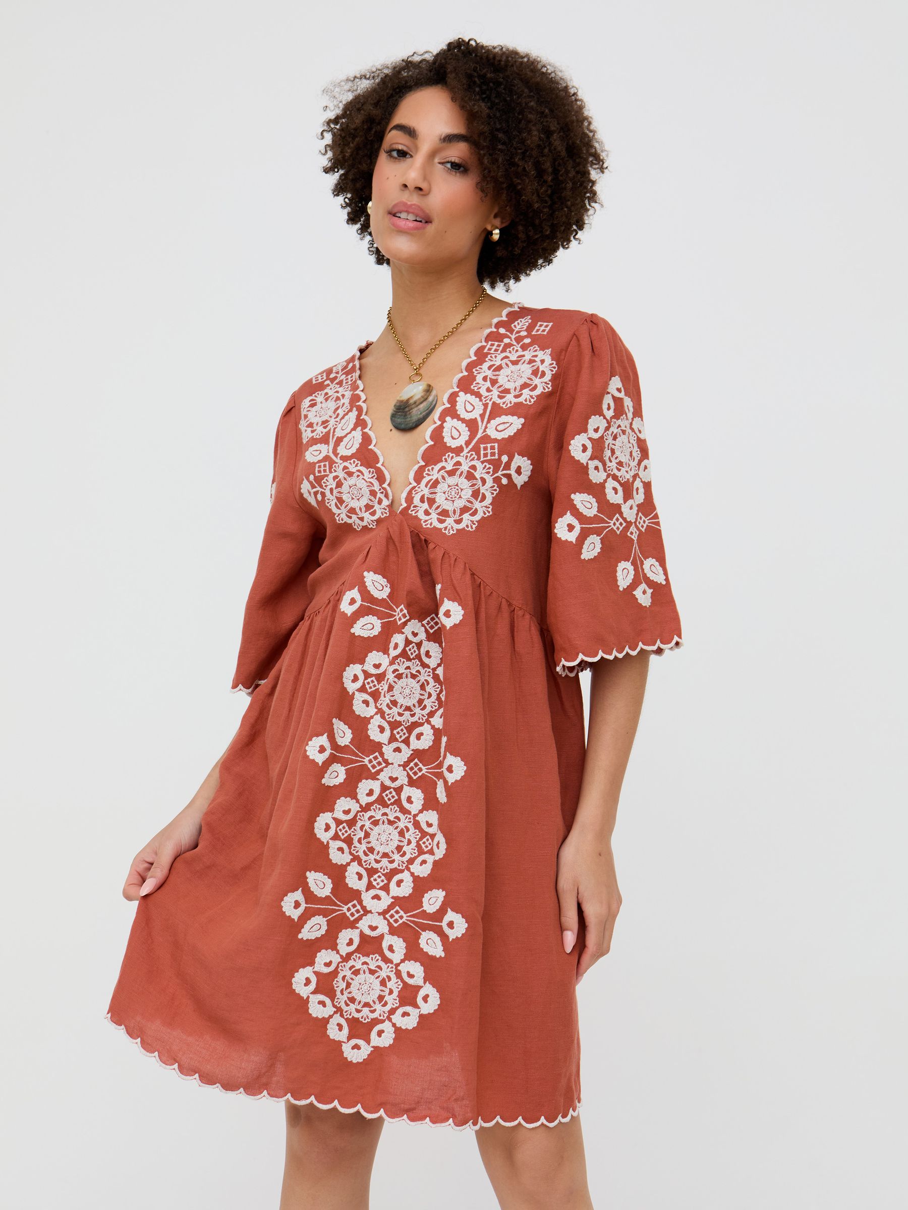 Buy Raffya Orange Arabella V-Neck Embroidered Mini Dress from Next USA