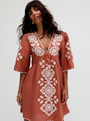 Raffya Orange 100% Cotton Alice V-Neck Embroidered Blouse - Image 4 of 5