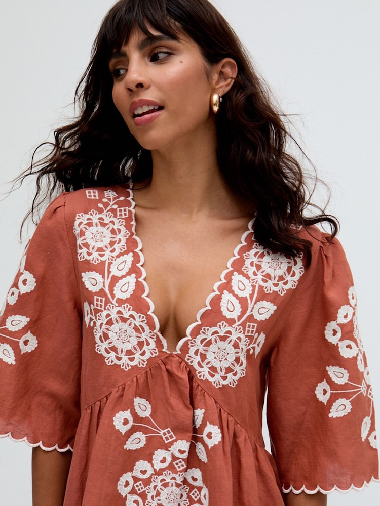 Raffya Orange 100% Cotton Alice V-Neck Embroidered Blouse - Image 5 of 5