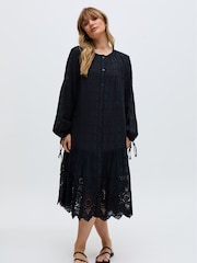 Raffya Black Olivia Button Down Embroidered Mini 100% Cotton Dress - Image 1 of 6