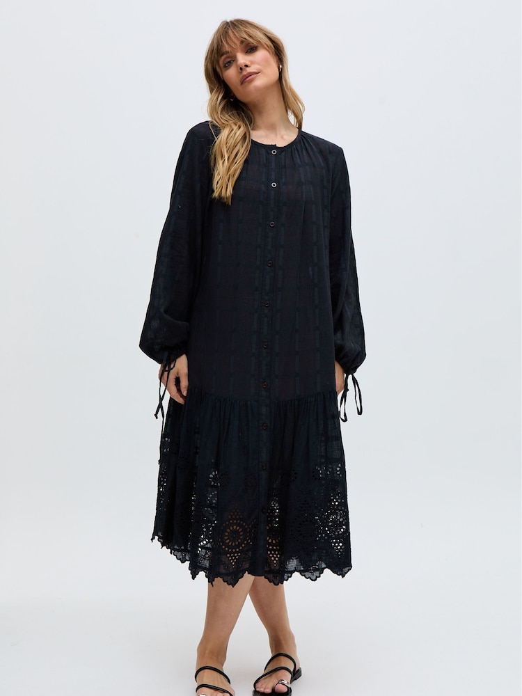 Raffya Black Olivia Button Down Embroidered Mini 100% Cotton Dress - Image 1 of 6