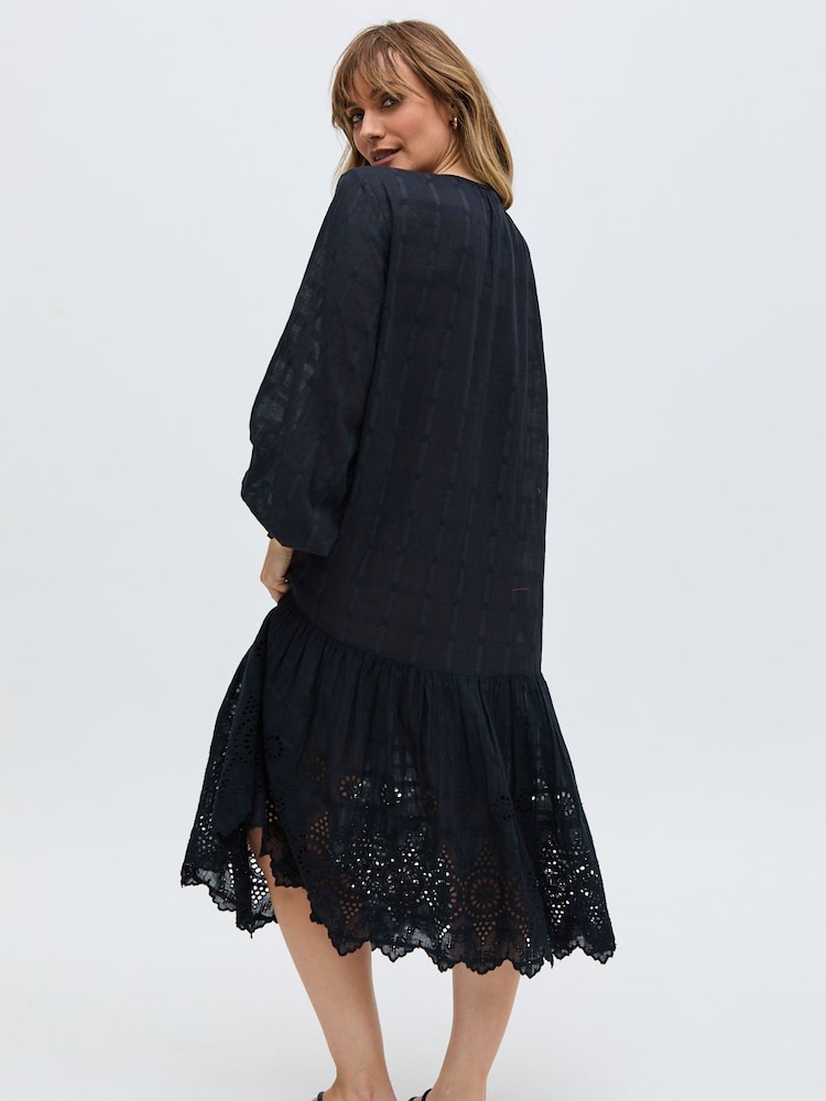 Raffya Black Olivia Button Down Embroidered Mini 100% Cotton Dress - Image 2 of 6 Raffya Black Olivia Button Down Embroidered Mini 100% Cotton Dress - Image 2 of 6