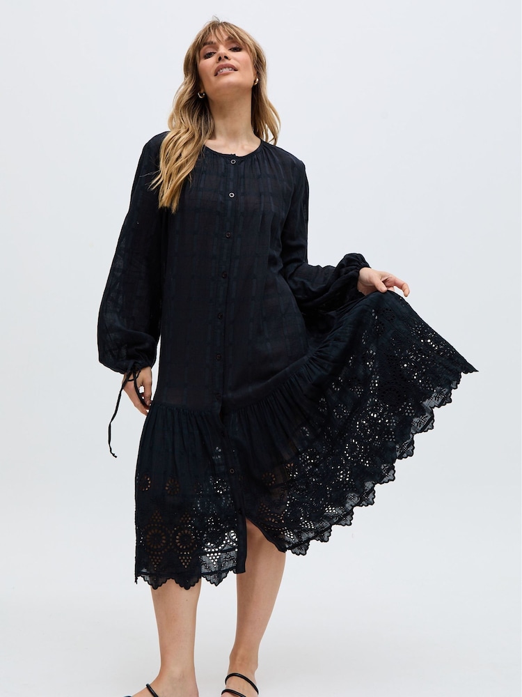 Raffya Black Olivia Button Down Embroidered Mini 100% Cotton Dress - Image 3 of 6